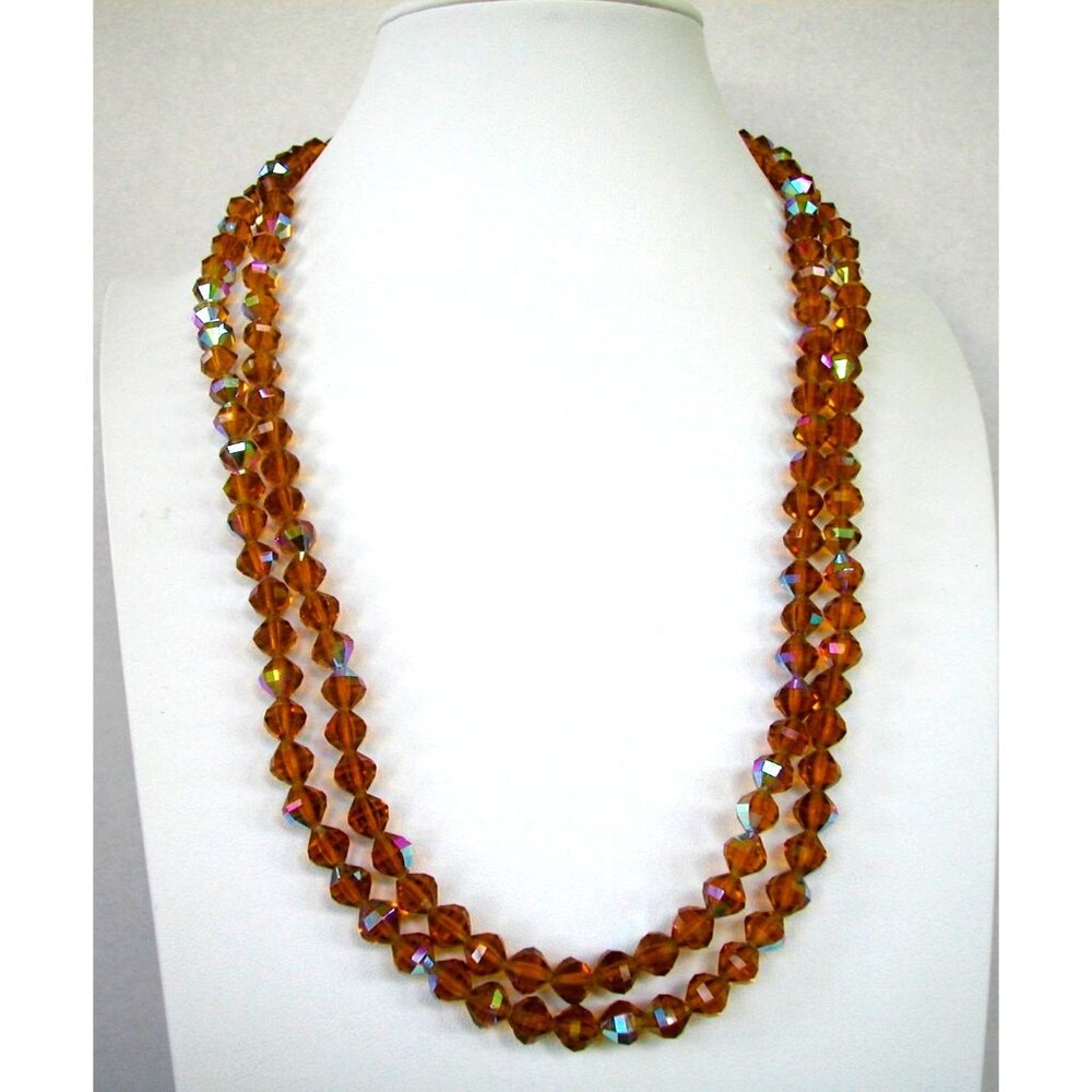 Vintage 2-Strand Amber Crystal Bead Necklace With Gold-Tone Clasp